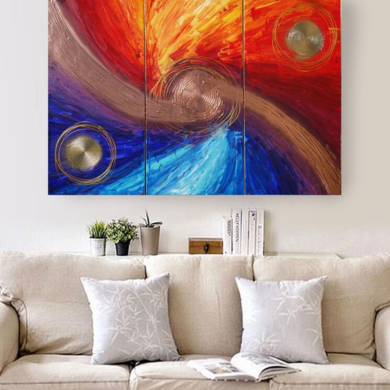 Rainbow A321 Large abstract paintings Palette knife 100x150x2 cm set of 3 original abstract acrylic paintings on stretched canvas