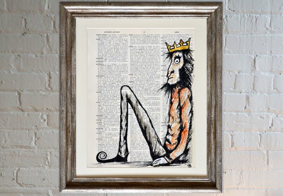 The Monkey King - Collage Art on Large Real English Dictionary Vintage Book Page
