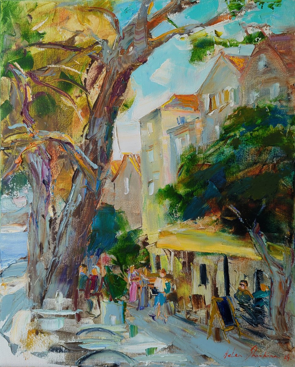 Impressionistic Landscape Oil Painting By Helen Shukina, 16 X 20, Walks Along The Embankment, Original Artwork