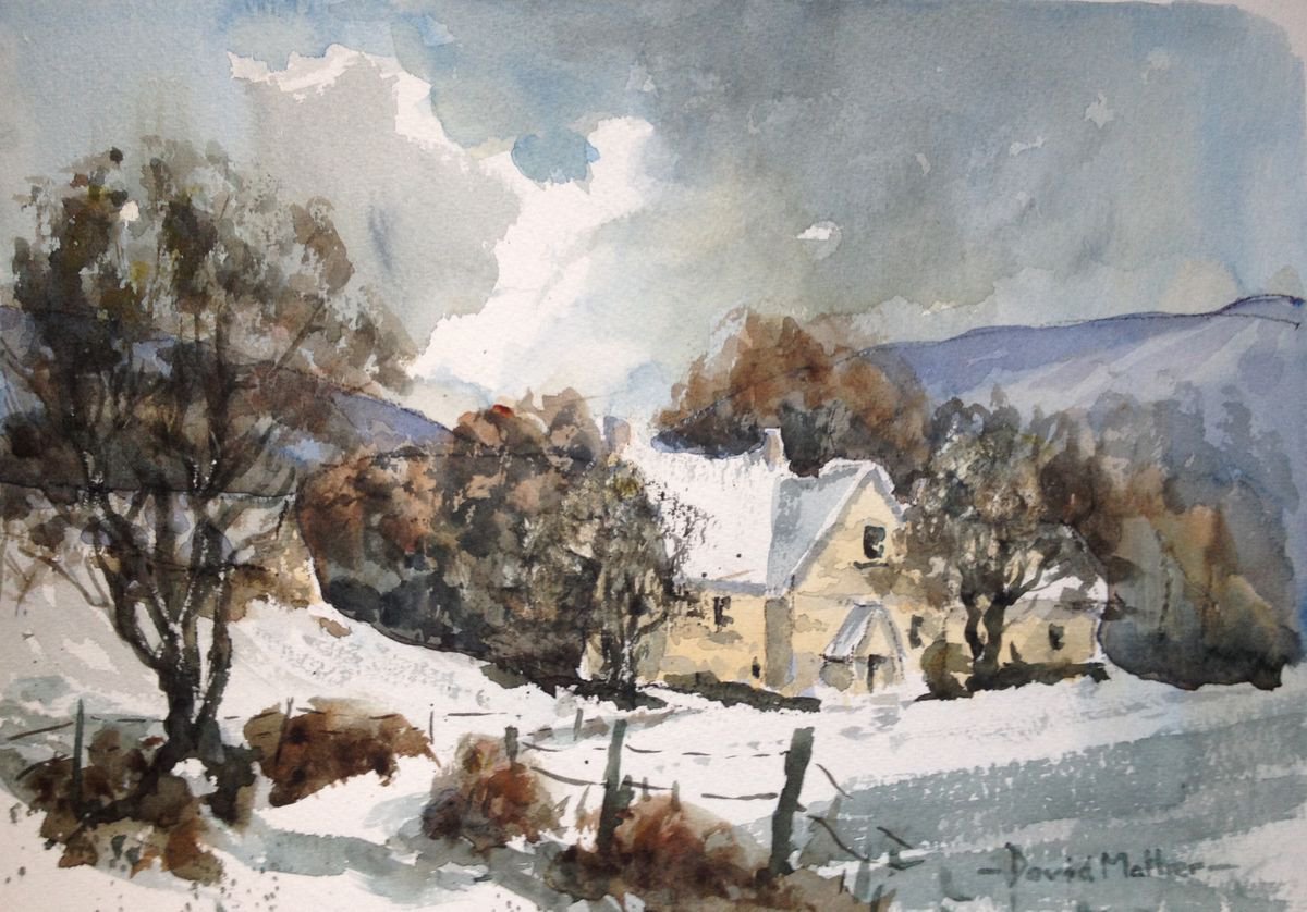 Farm cottage in the snow by David Mather