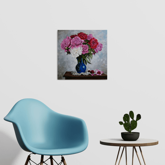 Peonies in Blue Vase