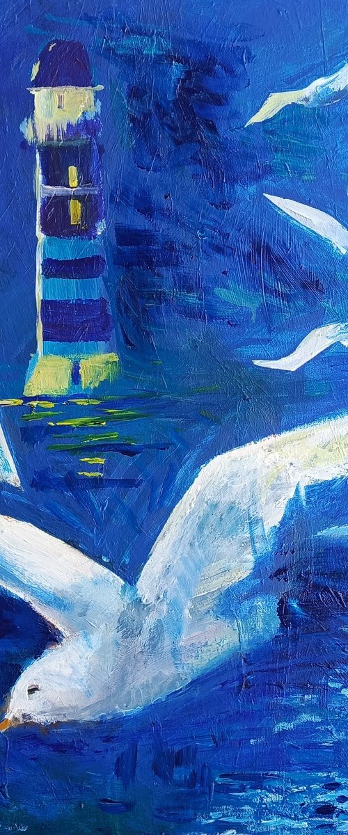 The night seascape with a lighthouse by Oxana Raduga