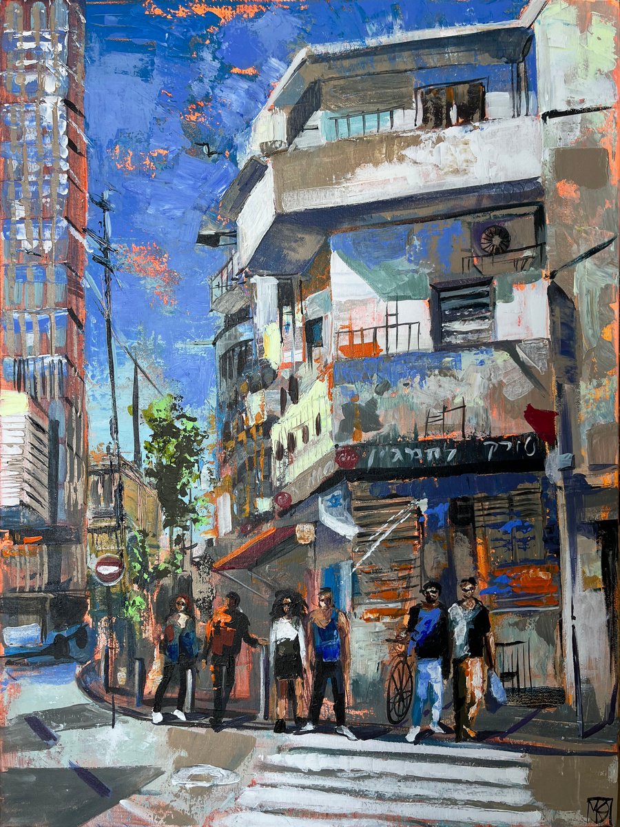 Impressionistic Cityscapes Acrylic Painting By Maria Kireev, 24 X 31", Neve Tzedek In Motion, Original Artwork