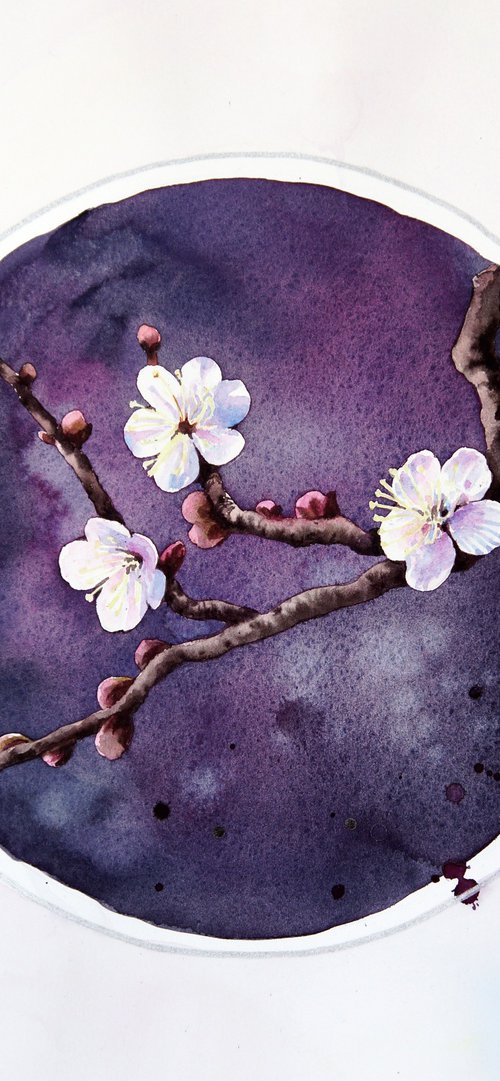 Moonlit Sakura - Cherry Blossoms by Olga Beliaeva Watercolour