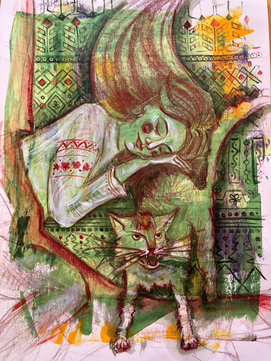 Naive Portrait Painting By Yuliia Chaika, 12 X 17", The Keeper Of The Dream, Original Artwork