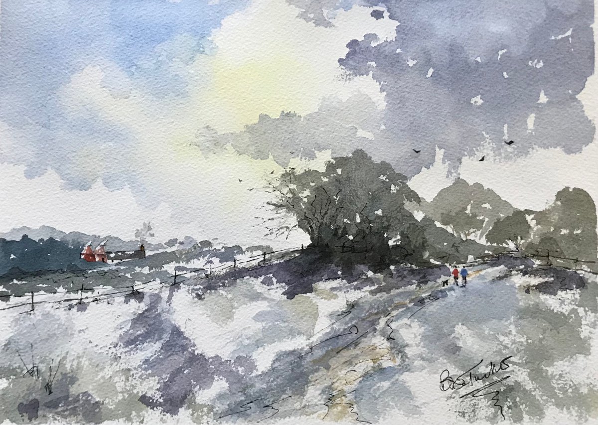 Impressionistic Landscape Watercolour By Brian Tucker, 13 X 9, A Cold Walk In Kent, Original Artwork