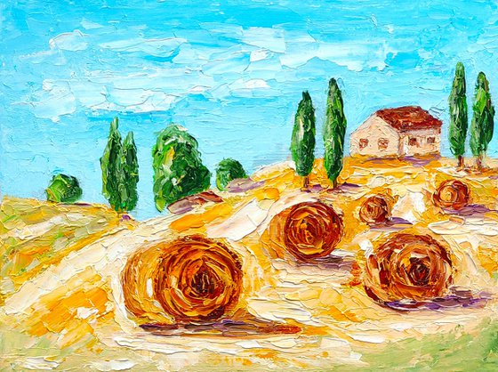The haystacks, Tuscany Painting Original Art Haystack Artwork Field Wall Art Small Landscape Oil Painting
