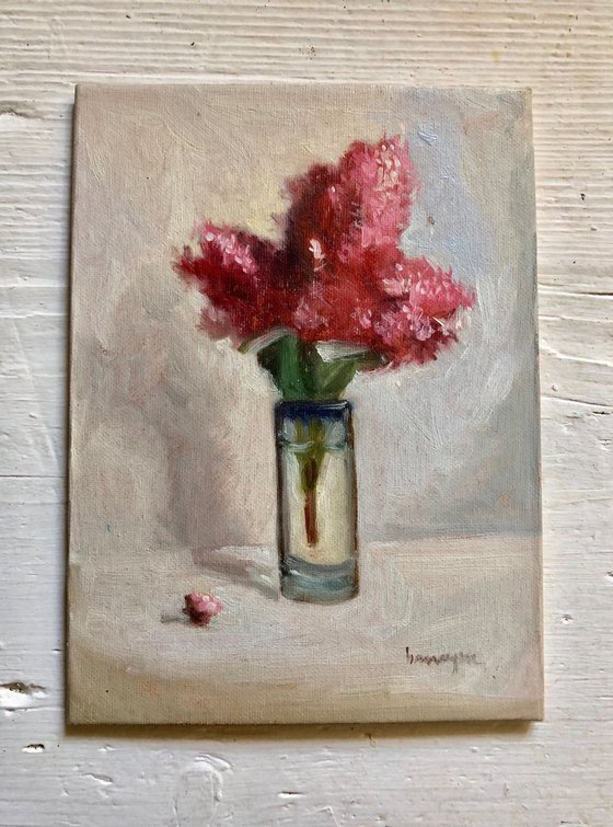 Pink Flower in Glass Still Life Oil Painting on Canvas Board