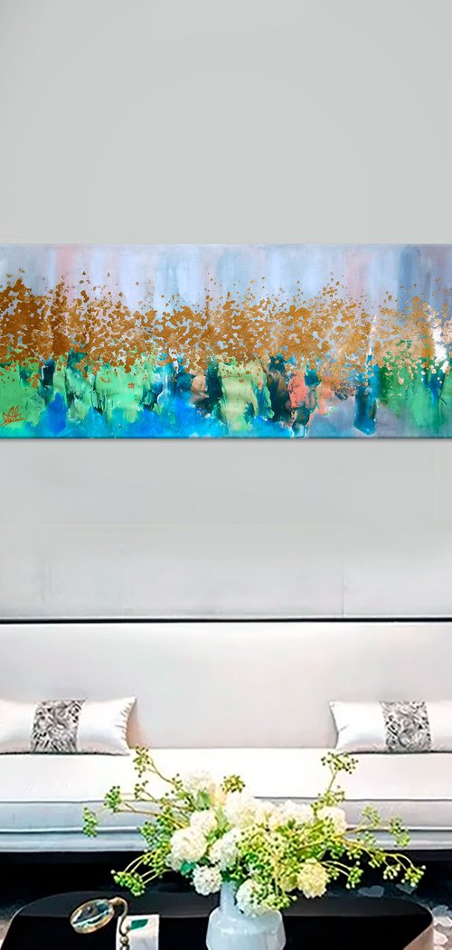 Emerald abstract painting on canvas, Golden foil panoramic art by Annet Loginova