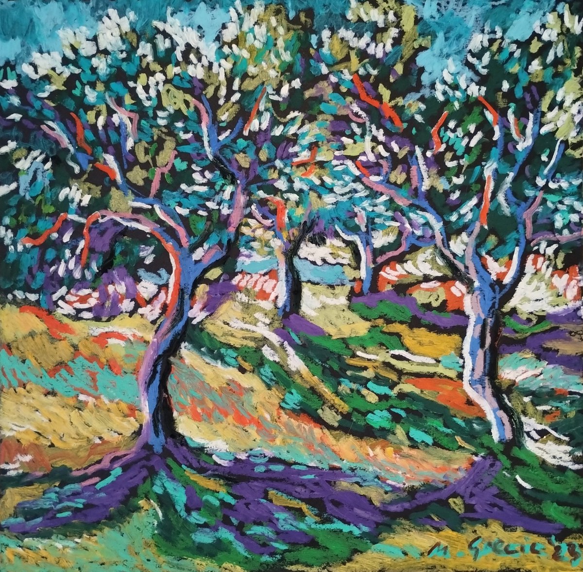Impressionistic Landscape Pastel Drawing By Maja Grecic, 12 X 12", Olive Grove No 40, Original Artwork