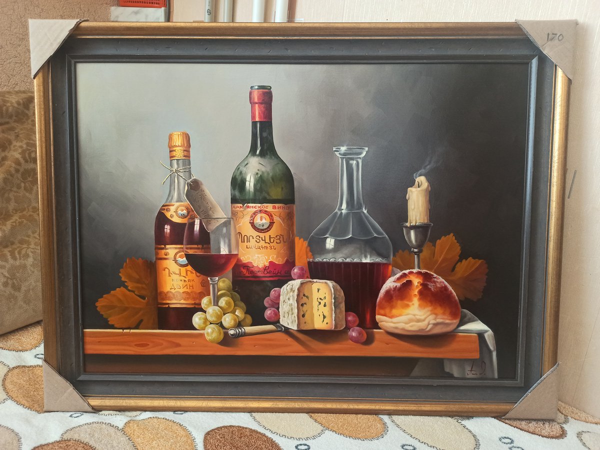 Still life with cognac  (50x70cm, oil painting, ready to hang)
