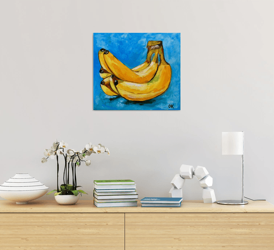 Bananas on  turquoise  Still life. Palette knife painting on linen canvas