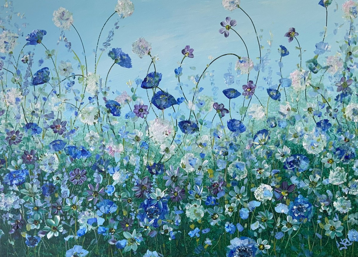 Expressive Botanical Acrylic Painting By Jan Rogers, 24 X 18, Teal Petals, Original Artwork