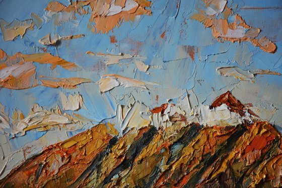 Original palette knife oil painting Sunset mountains in Alaska