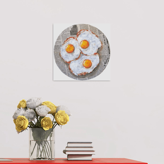 "Fried Eggs on Newspaper" Original Oil on Round Canvas Board 12 by 12 inches (30x30 cm)