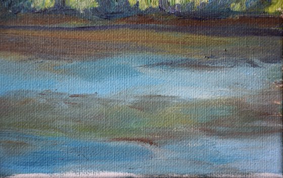 River landscape oil painting on canvas, spring forest painting