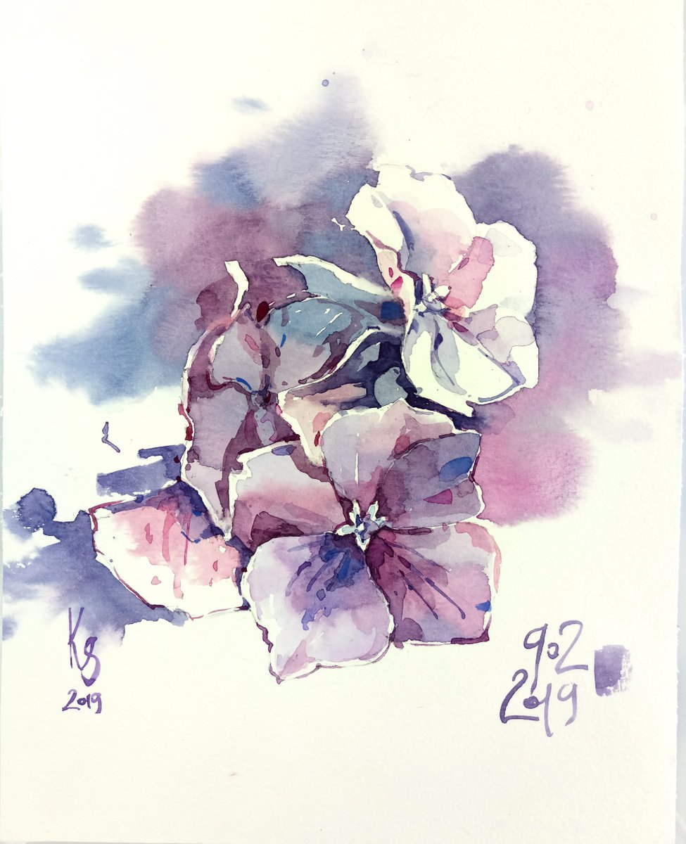 Impressionistic Botanical Watercolour By Ksenia Selianko, 8 X 10", "Twilight Hydrangea", Original Artwork