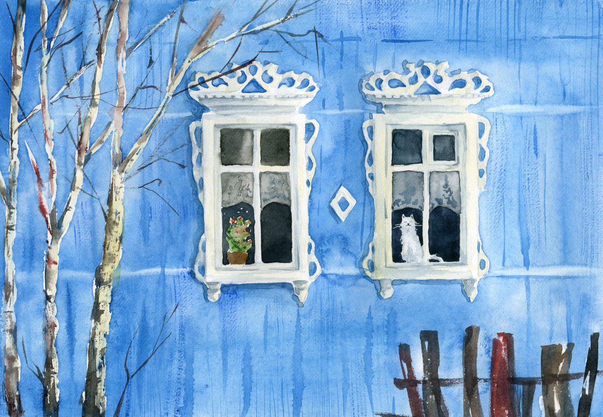 Beautiful traditional wooden house. Original watercolor artwork. by Evgeniya Mokeeva