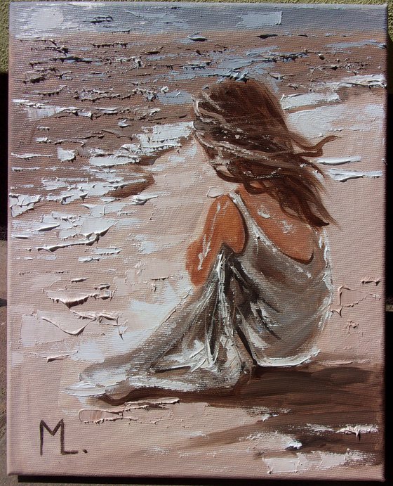 " ENDING THE DAY ... " SUN SKY SEA SAND liGHt  ORIGINAL OIL PAINTING, GIFT, PALETTE KNIFE