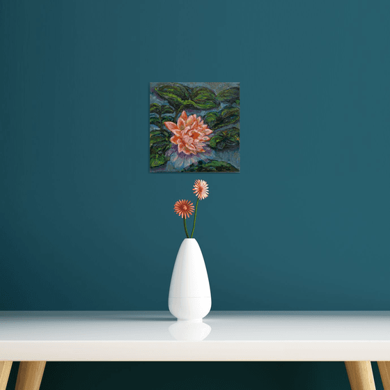 White Lotus Monet Style Original Oil on Canvas Artwork Waterlily Impressionism Minature Modern Floral Home Decor Fine Art/ Small Oil Painting 8x8in (20x20cm) Christmas Gift for Mother