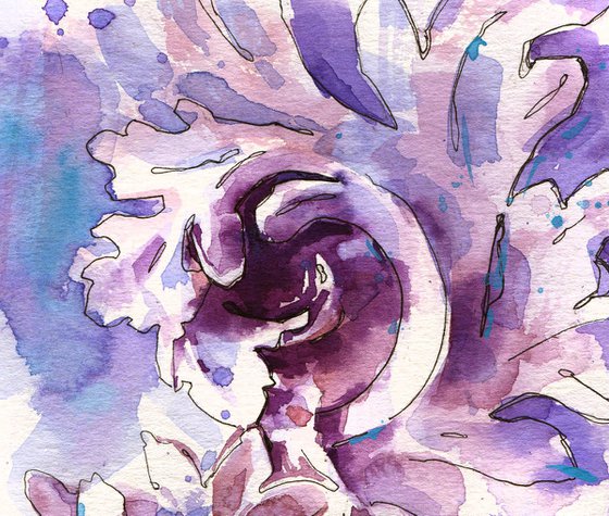 Sculpture flower and curls, watercolor sketch in purple violet tones