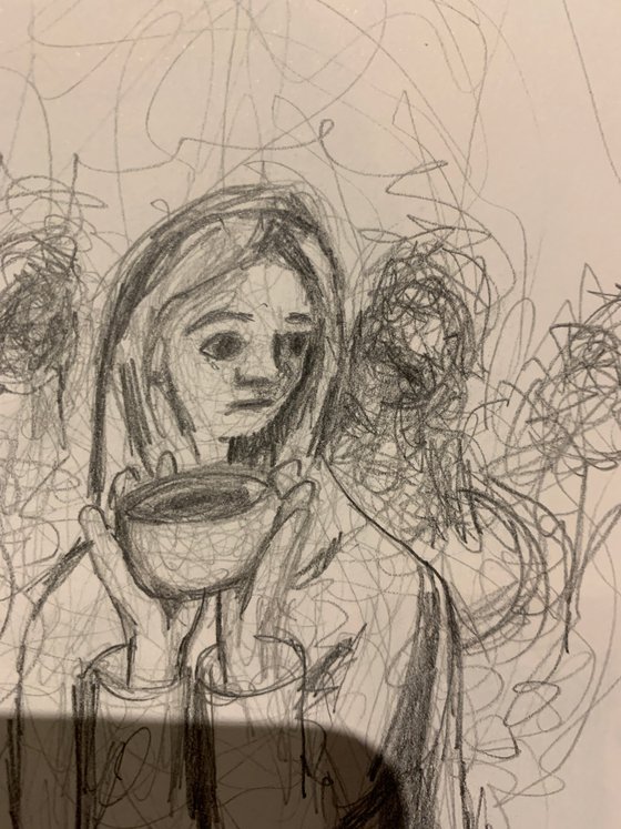 Drawing of A Woman Drinking Coffee