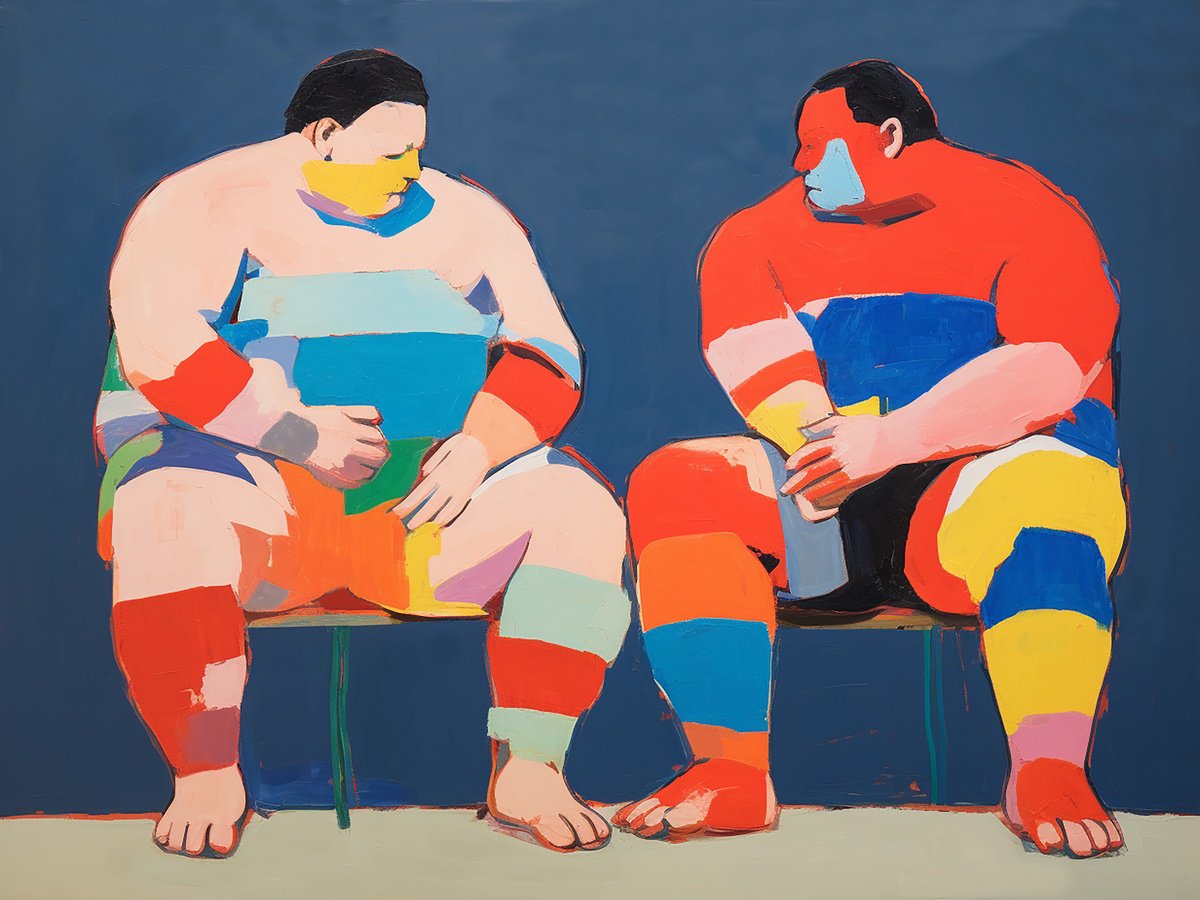 Impressionistic Portrait Acrylic Painting By Kosta Morr, 31 X 24", Wrestlers, Original Artwork