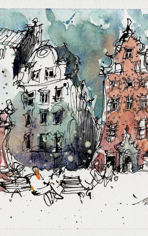 Stockholm, ink and watercolor, 2024 by Marin Victor
