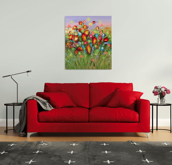 40" Summer flowers at sunset Large Painting