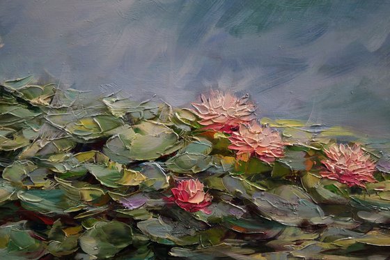 "Reflection of pink lilies"