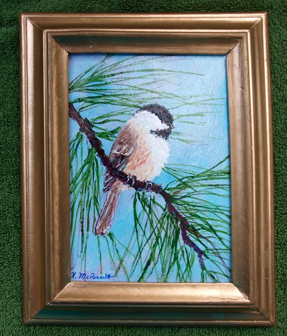 Sky Blue Pink Chickadee - framed original 7X5 inch bird painting by K. McDermott (SOLD)