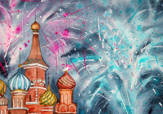 Festive fireworks in Moscow. New year's night. Original watercolor artwork.