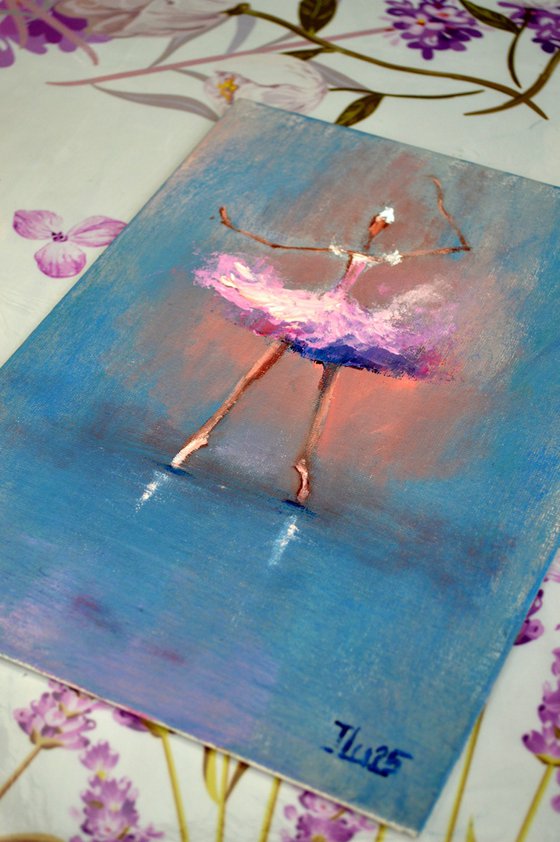 Funny pink ballerina.Miniature impasto oil.