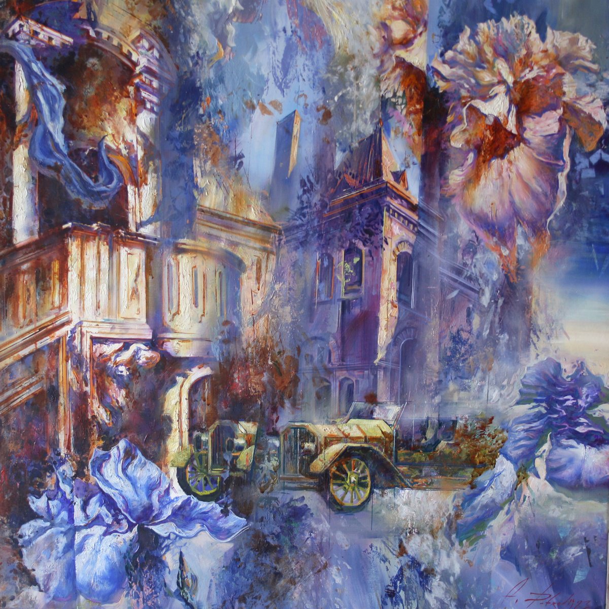 Surrealistic Cityscapes Oil Painting By Alexandr Dobrodiy, 39 X 39, Yellow Car, Original Artwork