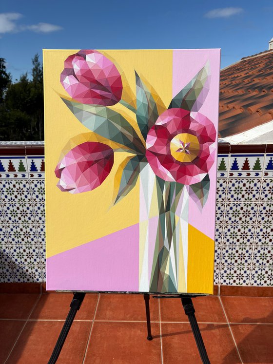 BOUQUET OF PINK TULIPS IN A VASE ON YELLOW