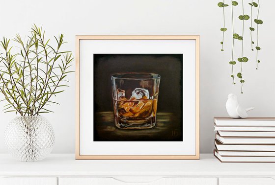 The glass of whiskey, Bourbon Painting Original Art Whiskey Ice Wall Art Cocktail Artwork