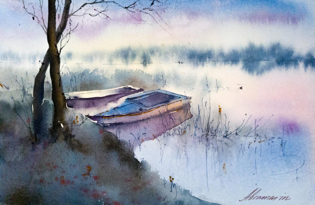 Quiet evening on the lake. Original watercolor picture. by Marina Abramova