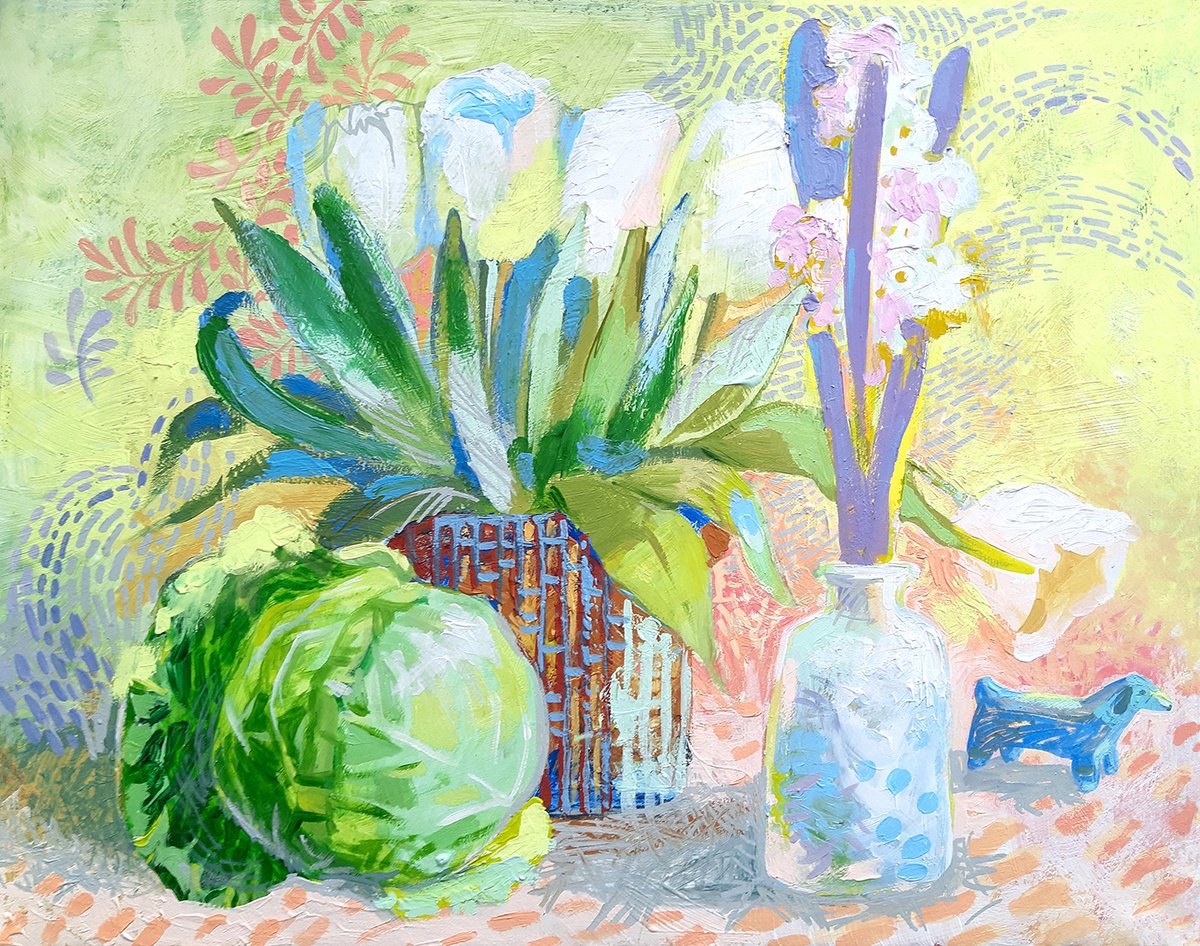 Still life with a blue dog by Margot Raven