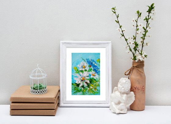 Daisy Painting Floral Original Art Small Flower Artwork Forget Me Not Wall Art