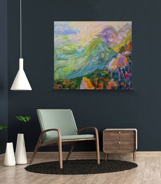 Abstract landscape oil painting on canvas, large mountain wall art