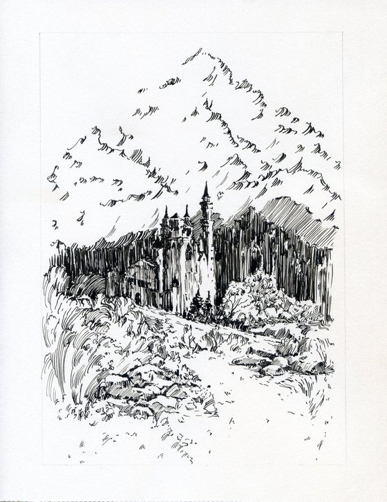 Castle in the mountains Black on white drawing