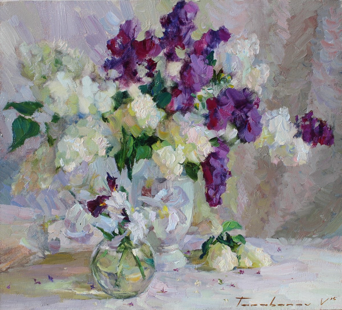 Impressionistic Botanical Oil Painting By Volodymyr Tarabanov, 20 X 18", Still Life With Lilacs, Original Artwork