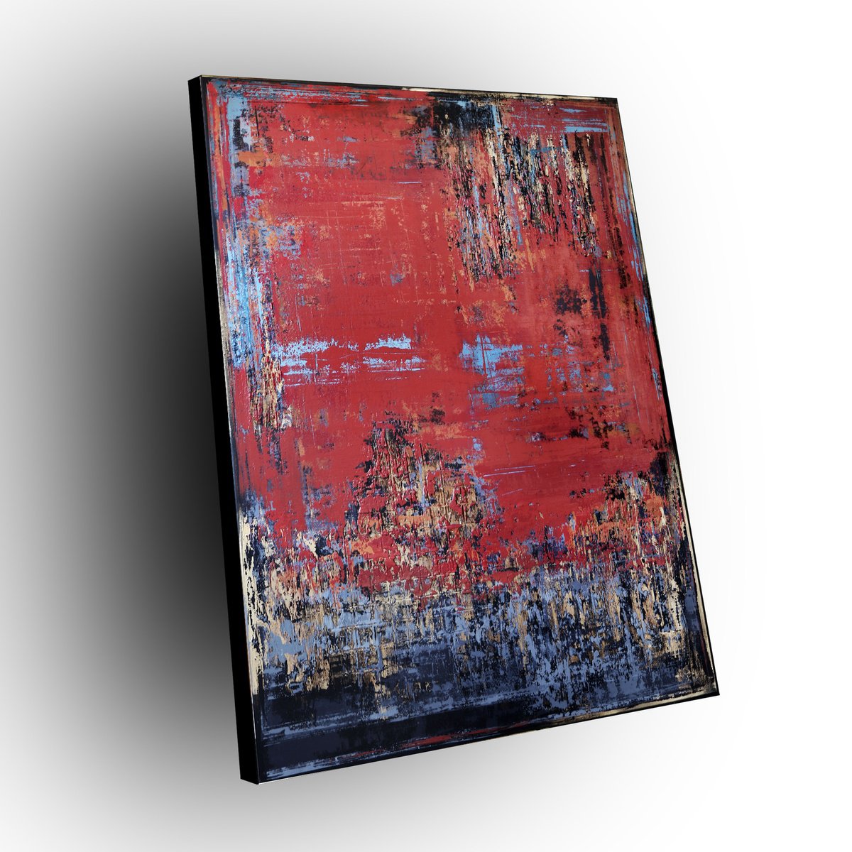 UNTOLD STORY - 100 x 140 CM - TEXTURED ACRYLIC PAINTING ON CANVAS * INDUSTRIAL RED * GREY by Inez Froehlich
