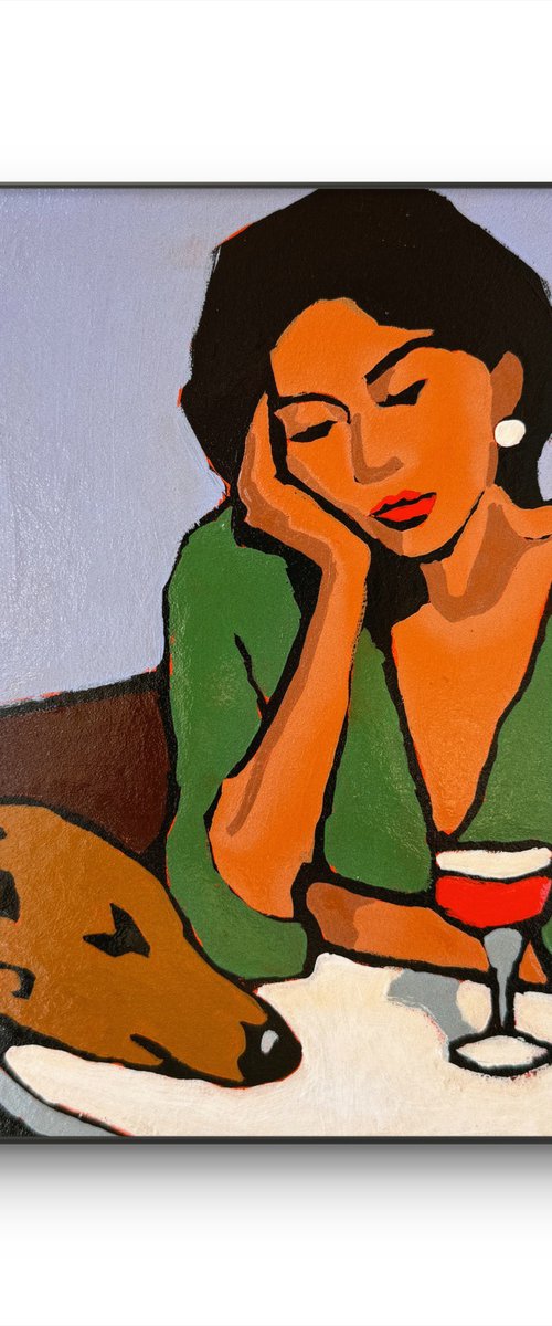 EVENING, CAFE, DOG, WINE. Original Painting by Daria Baklykova