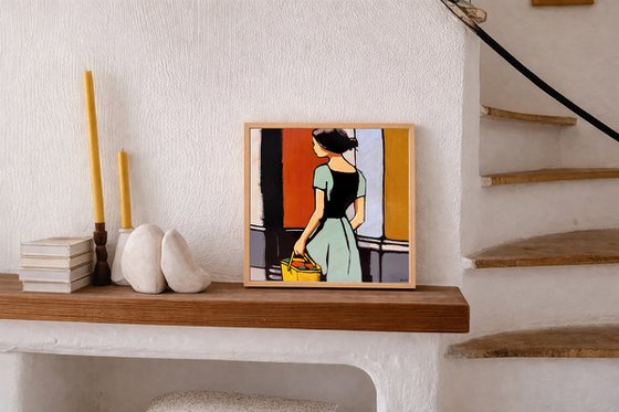 "Woman with Yellow Bag" Original art 16x16in