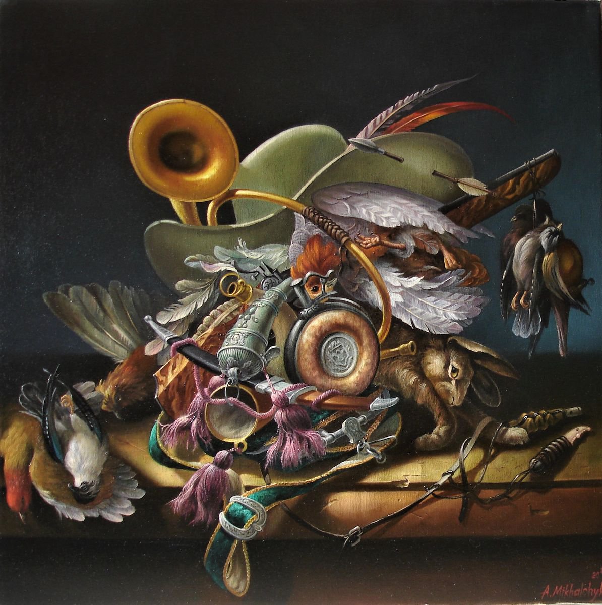 Photorealistic Still Life Oil Painting By Alexander Mikhalchyk, 28 X 28, Hunter., Original Artwork
