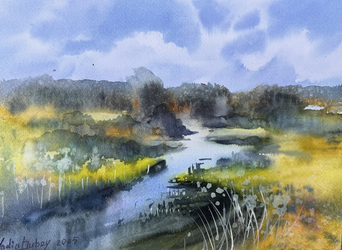 Impressionistic Landscape Watercolour By Nadiia Dubei, 12 X 9", Morning By The River, Original Artwork