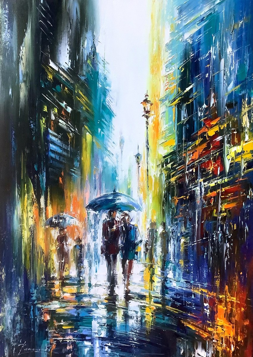 Impressionistic Cityscapes Oil Painting By Olena Romanenko, 20 X 28", Light Coolness, Original Artwork