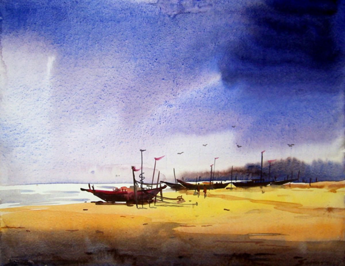 Fishing Boat and Monsoon day-Watercolor on Paper by Samiran Sarkar