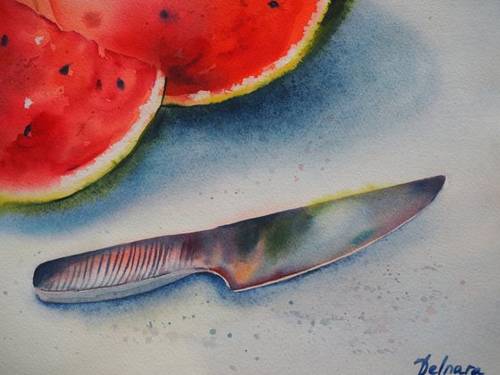 Watermelon and knife - original watercolor